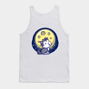 Cute Wolf Roar With Moon Cartoon Tank Top